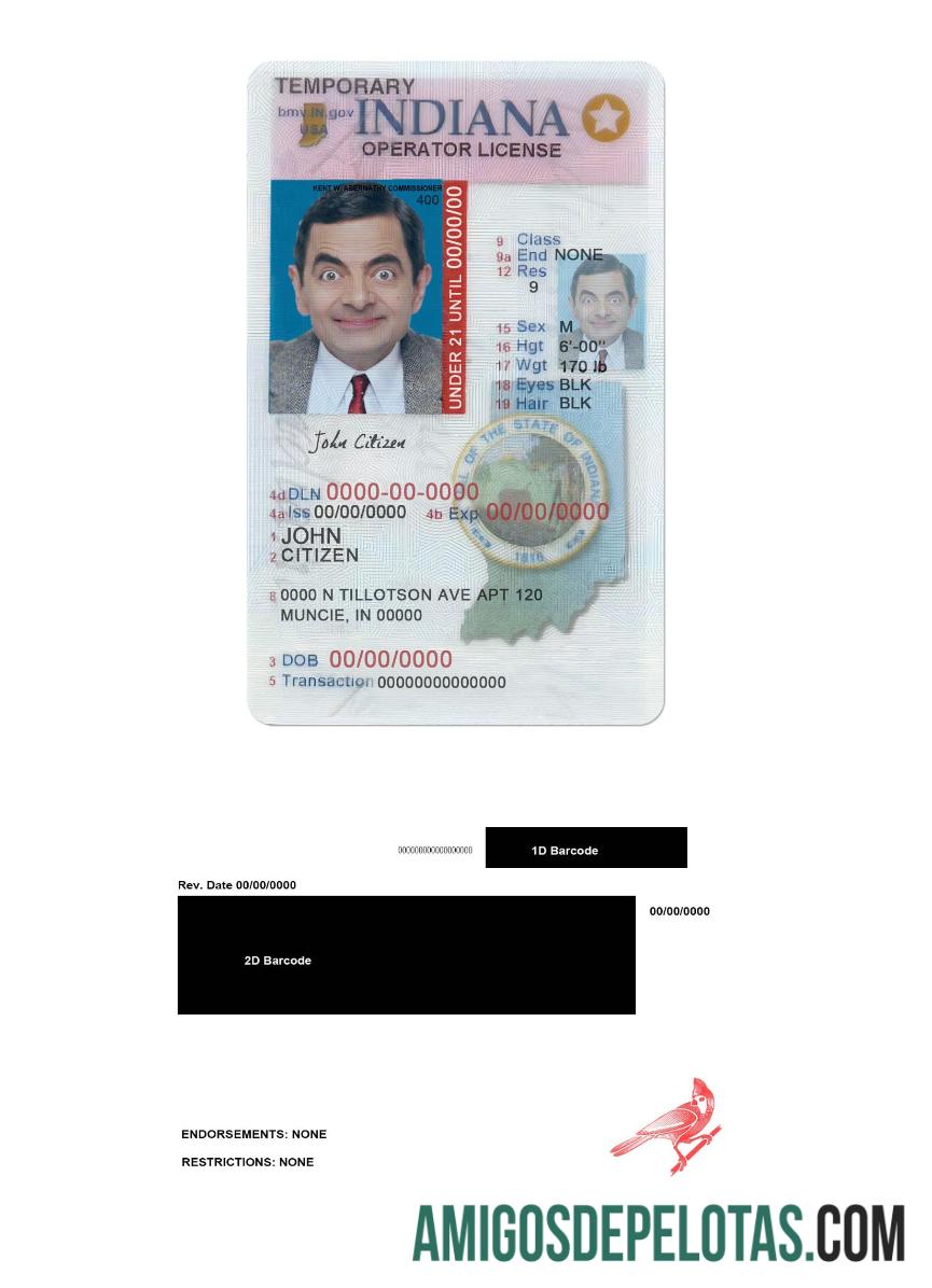 Carteira de motorista (operador) dos EUA Indiana para menores de 21 anos amostra